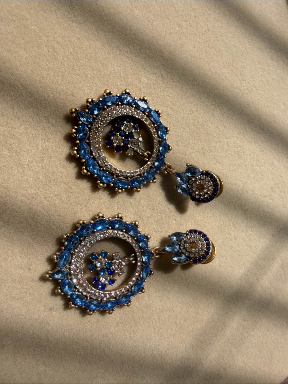 925 silver posts Blue Crystal Hoop Drop Earrings - Gold Tone